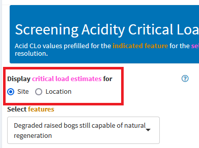 A screenshot of the new Site/Location switch within the Screening Acidity Critical loads tab