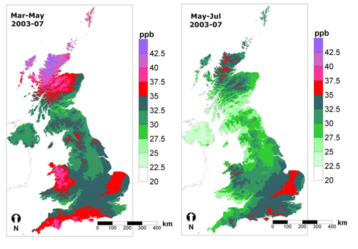 Map of ozone concentrations over the UK 
